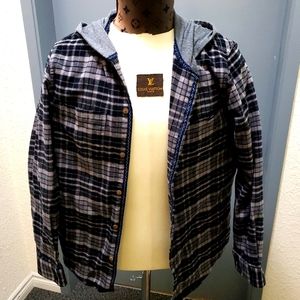 Ripzone Men's Grey & Black Plaid Flannel Hooded Shirt size Medium